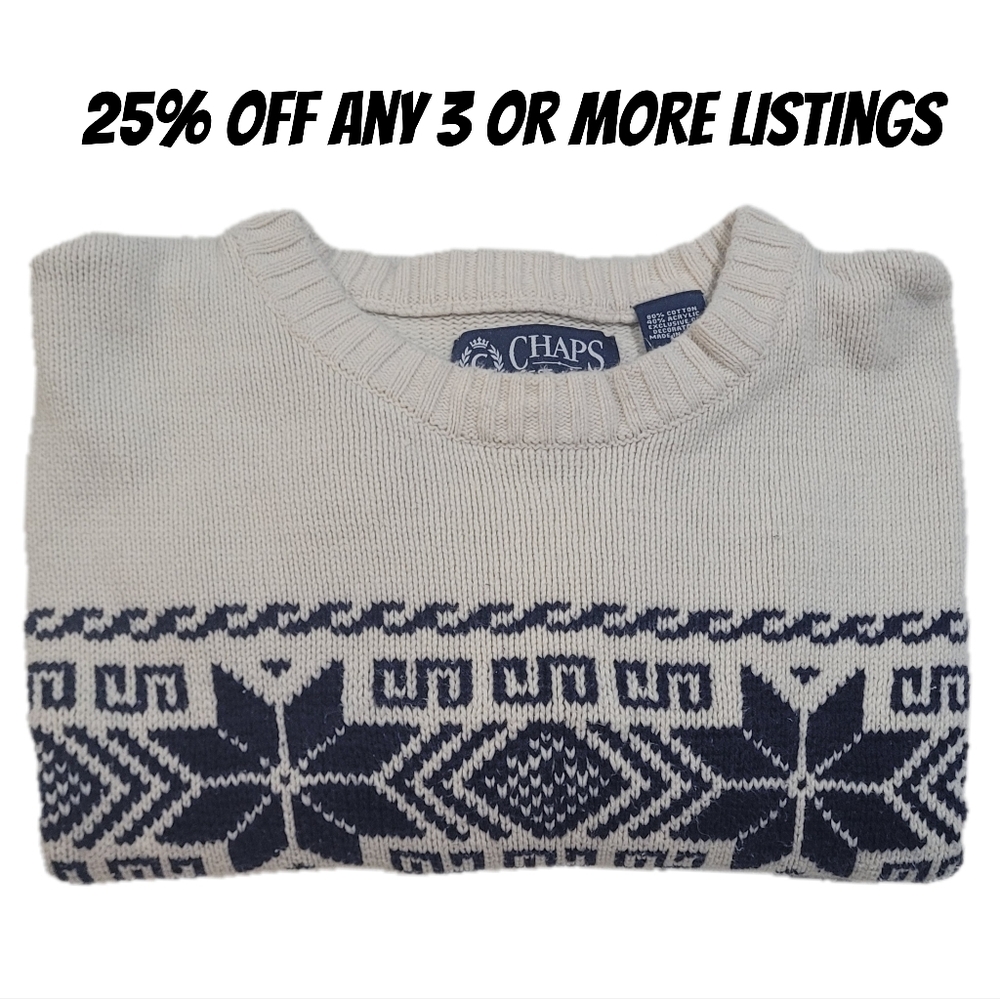 Chaps Men's Cream Navy Sweater Vintage XXL Floral Stripe Poinseta